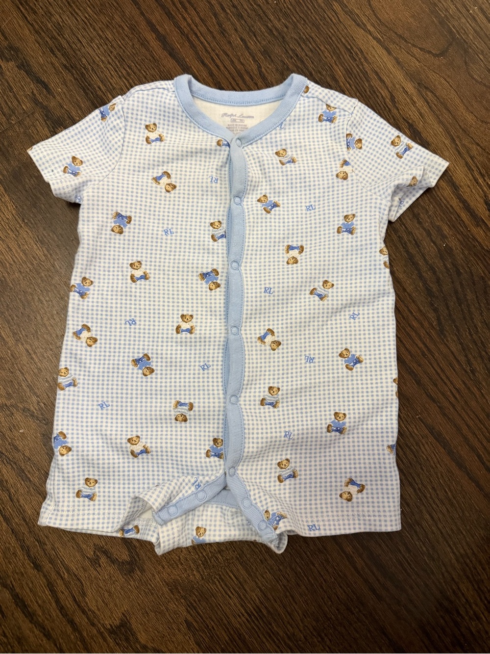 Ralph Lauren Blue Gingham Polo Bear Cotton Interlock Shortall